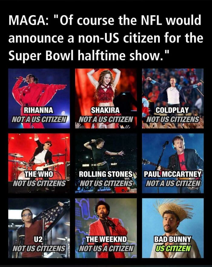 Sarcastic images showing famous non-US citizen musicians and highlighting ironic commentary on US citizenship.