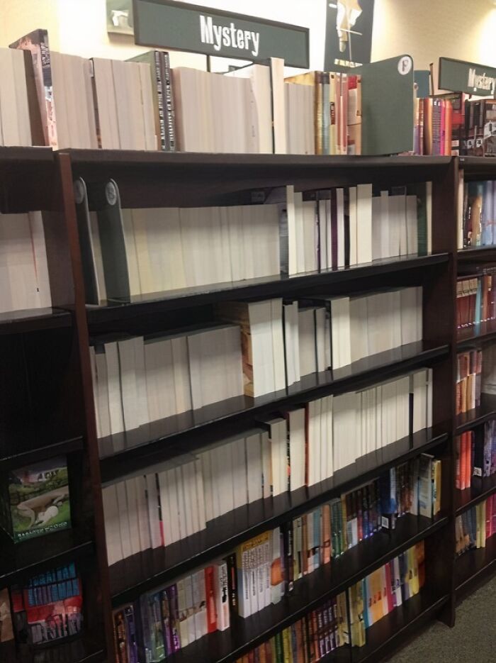 Books with blank white covers lined up on mystery genre shelves, a sarcastic visual on chronic irony.