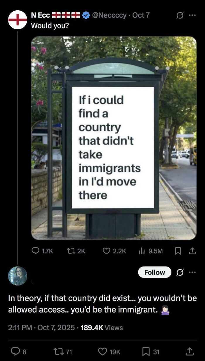 Sarcastic image showing a street sign with ironic text about immigrants, fitting the chronically ironic theme.