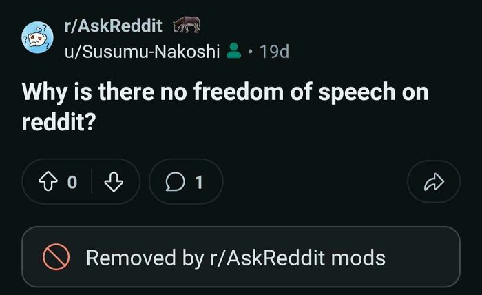 Reddit post questioning freedom of speech removed by moderators, illustrating sarcastic images about irony.
