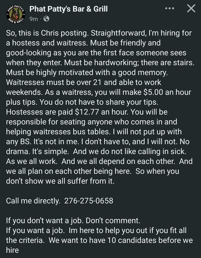 A restaurant job posting with extensive, demanding criteria for a new job, illustrating recruiting hell.