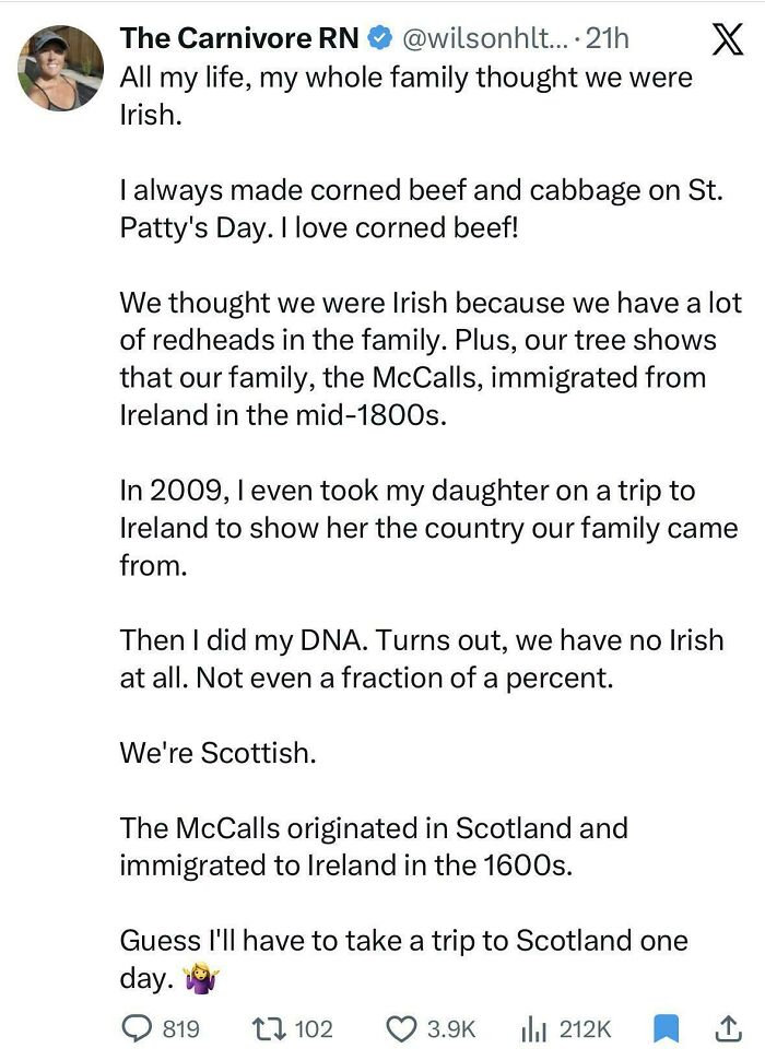 X post of a woman discovering she is Scottish, demonstrating Americans confidently posting.
