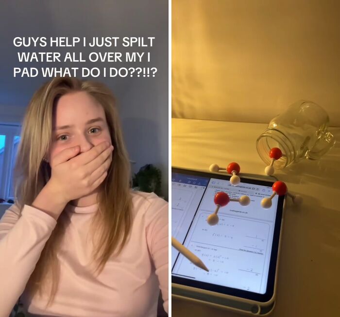 Woman reacting to spilled water on iPad with molecular model on screen in a meme for entertaining memes need.