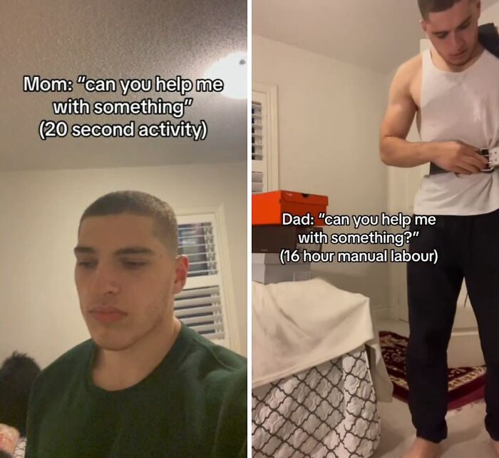 Young man showing difference in responses when helping mom versus dad, relatable meme about family and entertaining content
