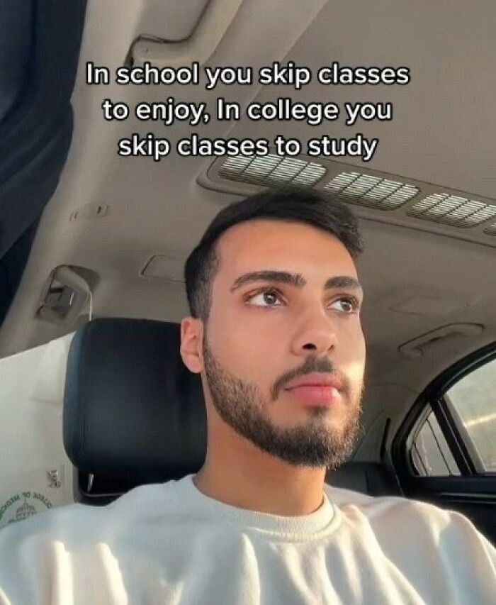 Young man in a car reflecting on a meme about skipping classes in school versus college, entertaining meme content.