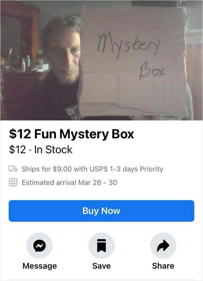 Person holding a handmade mystery box sign for sale on Facebook Marketplace in a listing requiring double takes to understand.