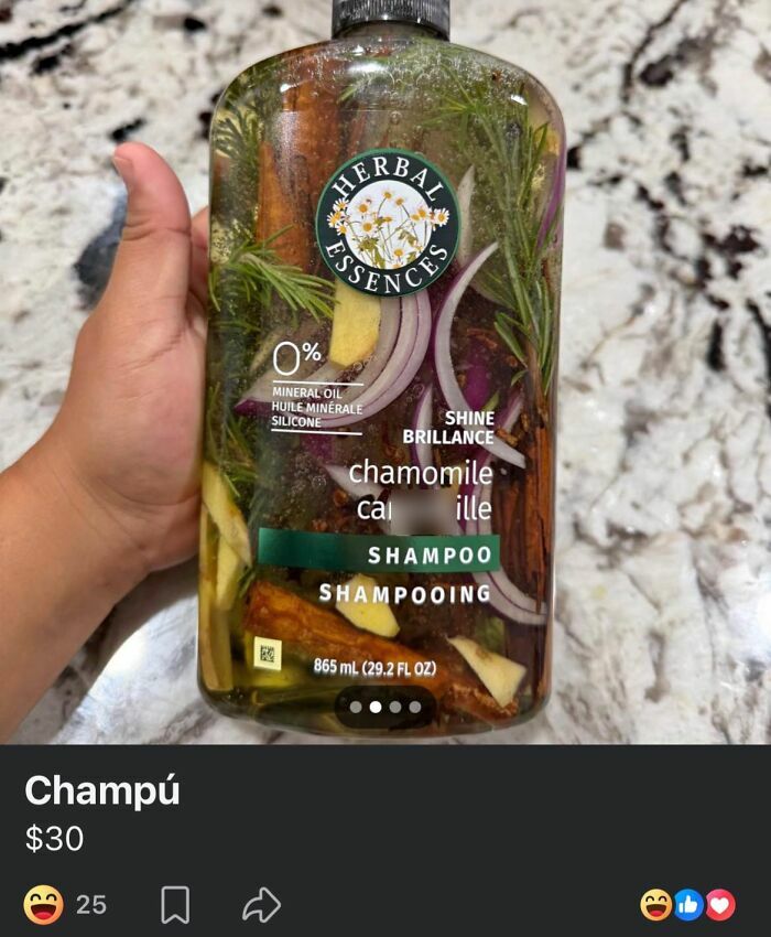 Unhinged Facebook Marketplace shampoo bottle filled with herbs and onion slices for a quirky double take.