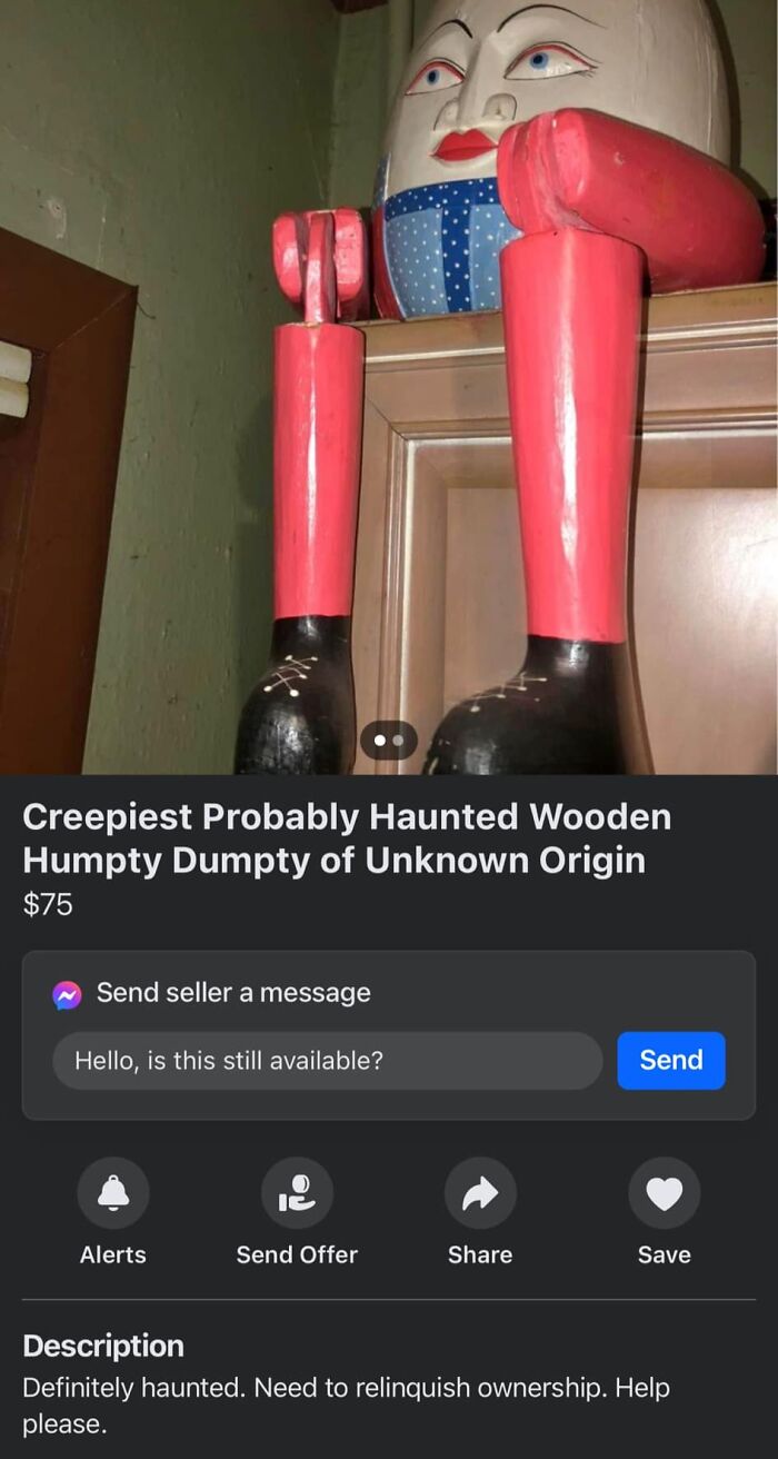 Creepy wooden Humpty Dumpty figurine with red legs listed on Facebook Marketplace in an unhinged pics collection.