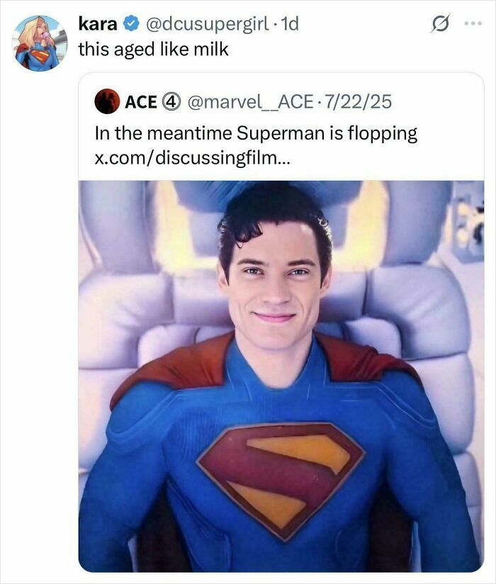 Tweet showing Superman in a costume with a comment about old photos that aged badly, highlighting a humorous internet post.