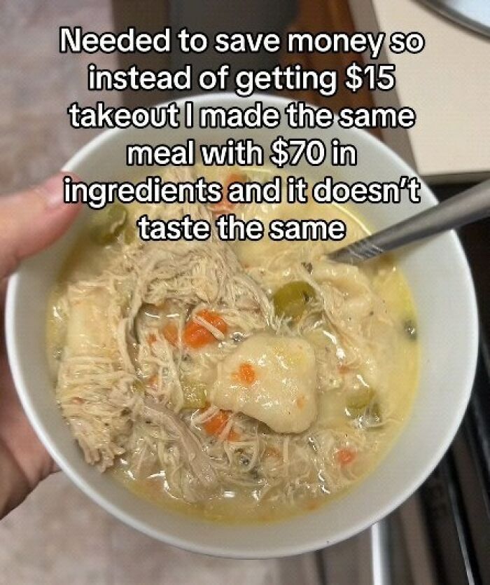 Bowl of homemade chicken dumpling soup illustrating meme about expensive ingredients tasting different than takeout.