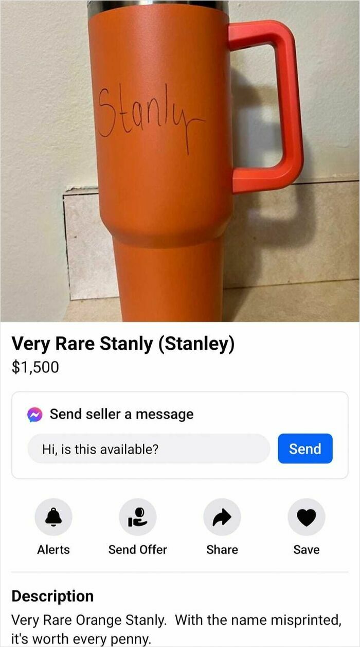 Orange travel mug with misspelled Stanley name listed in Facebook Marketplace unhinged pics collection.