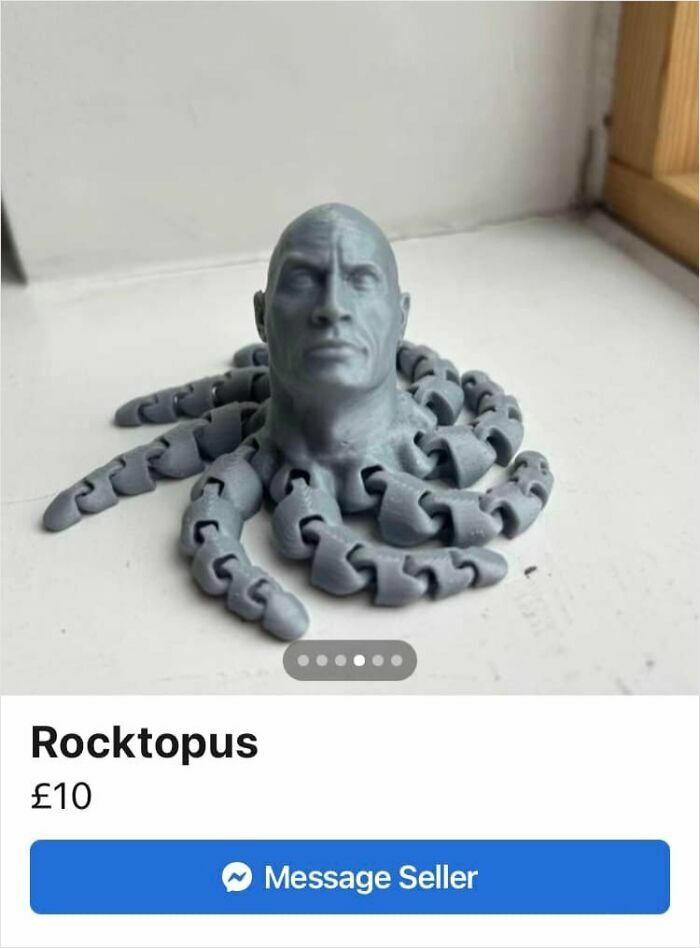 3D printed octopus with a muscular human head listed on Facebook Marketplace in an unhinged pics collection.