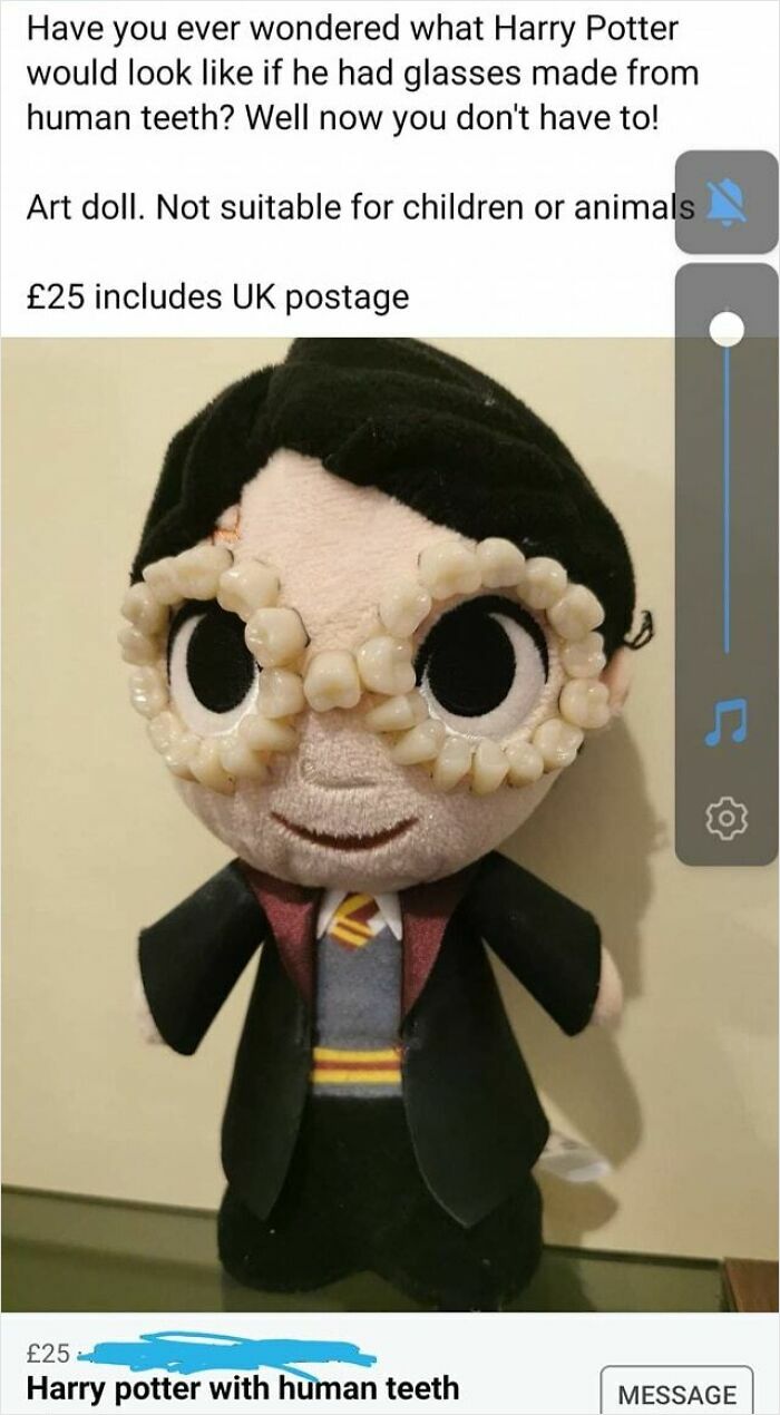 Plush Harry Potter doll wearing glasses made from human teeth in a strange Facebook Marketplace listing requiring double takes.