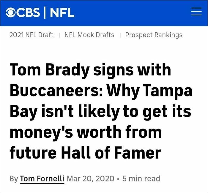 Headline about Tom Brady signing with Buccaneers and doubts on Tampa Bay's return on investment from future Hall of Famer