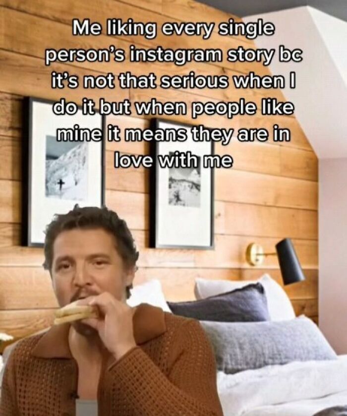Man eating sandwich with meme text about liking every person’s Instagram story, showcasing entertaining memes for social media fans.