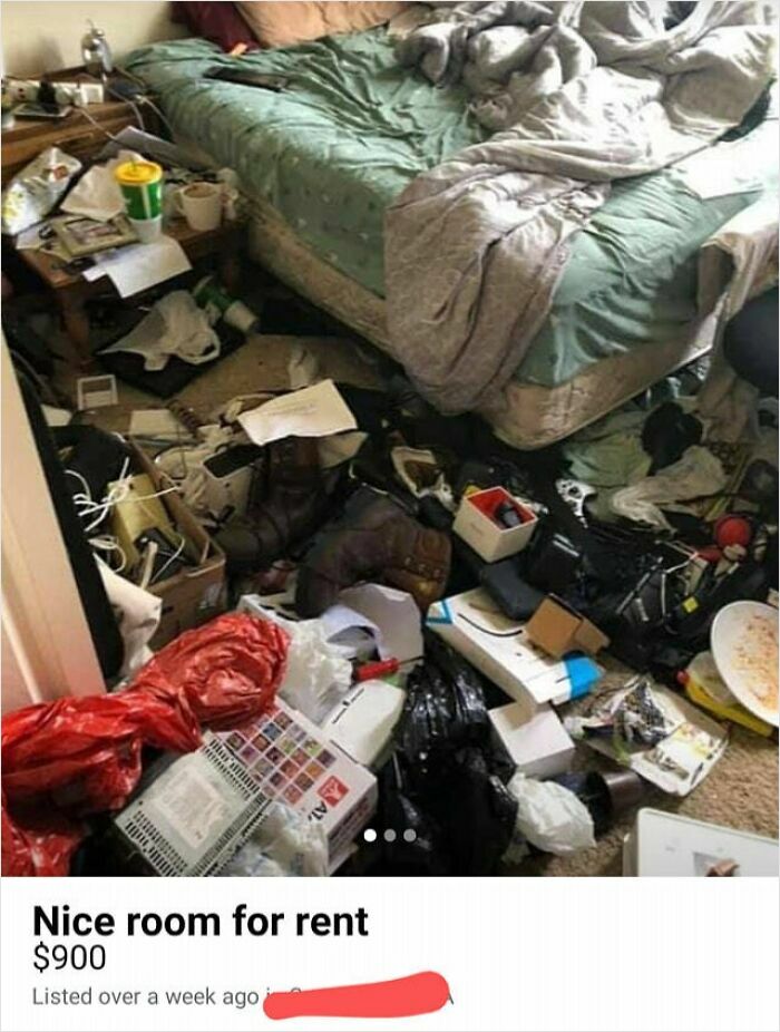 Cluttered messy bedroom with trash and clothes scattered everywhere in a Facebook Marketplace room rental listing.