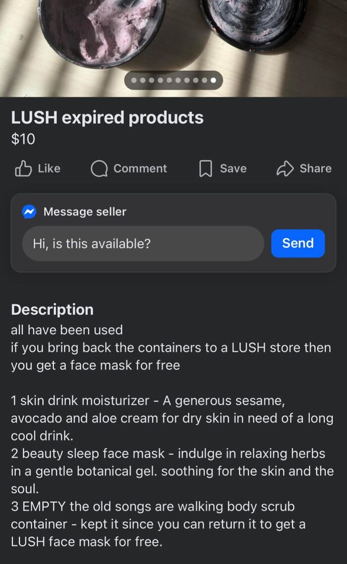 Facebook Marketplace listing selling used LUSH expired products including moisturizers and face masks.