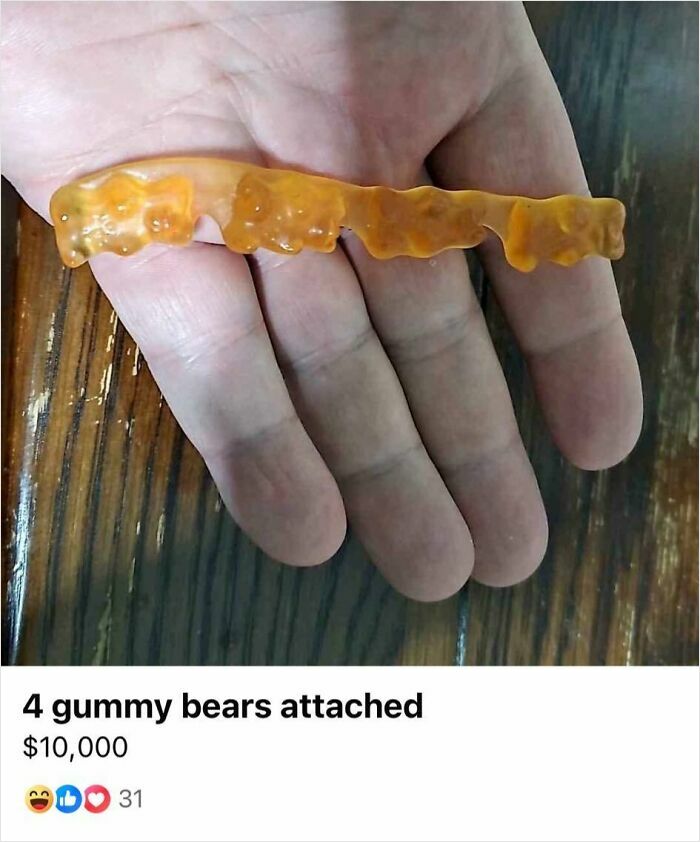 A person holding four connected gummy bears in their hand, a quirky unhinged Facebook Marketplace listing.