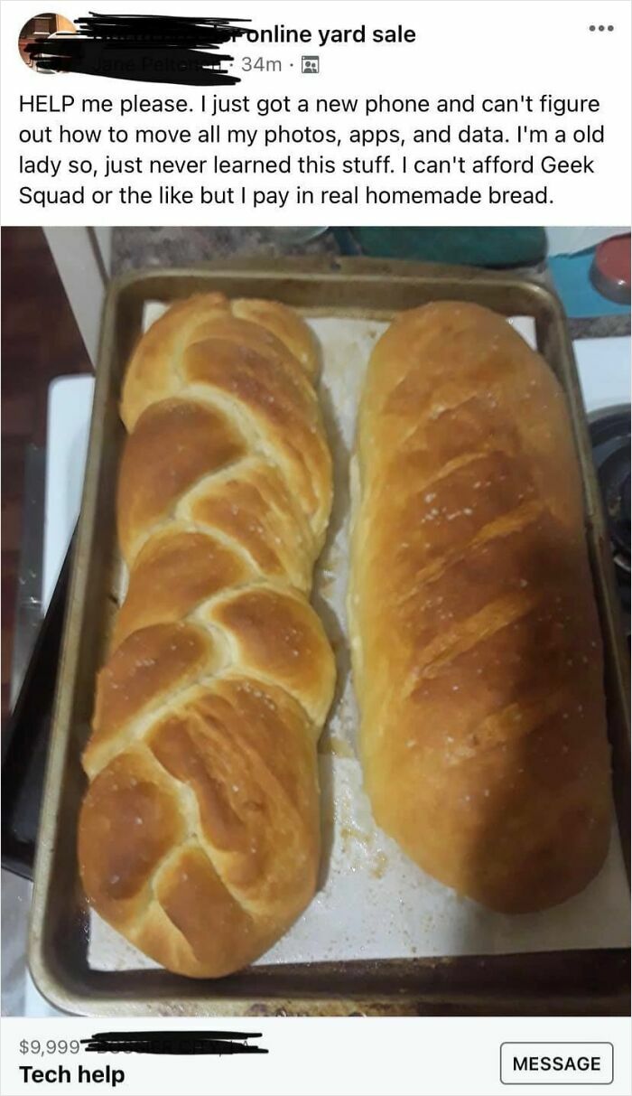 Help request on Facebook Marketplace offering homemade bread in exchange for tech help with phone data transfer.
