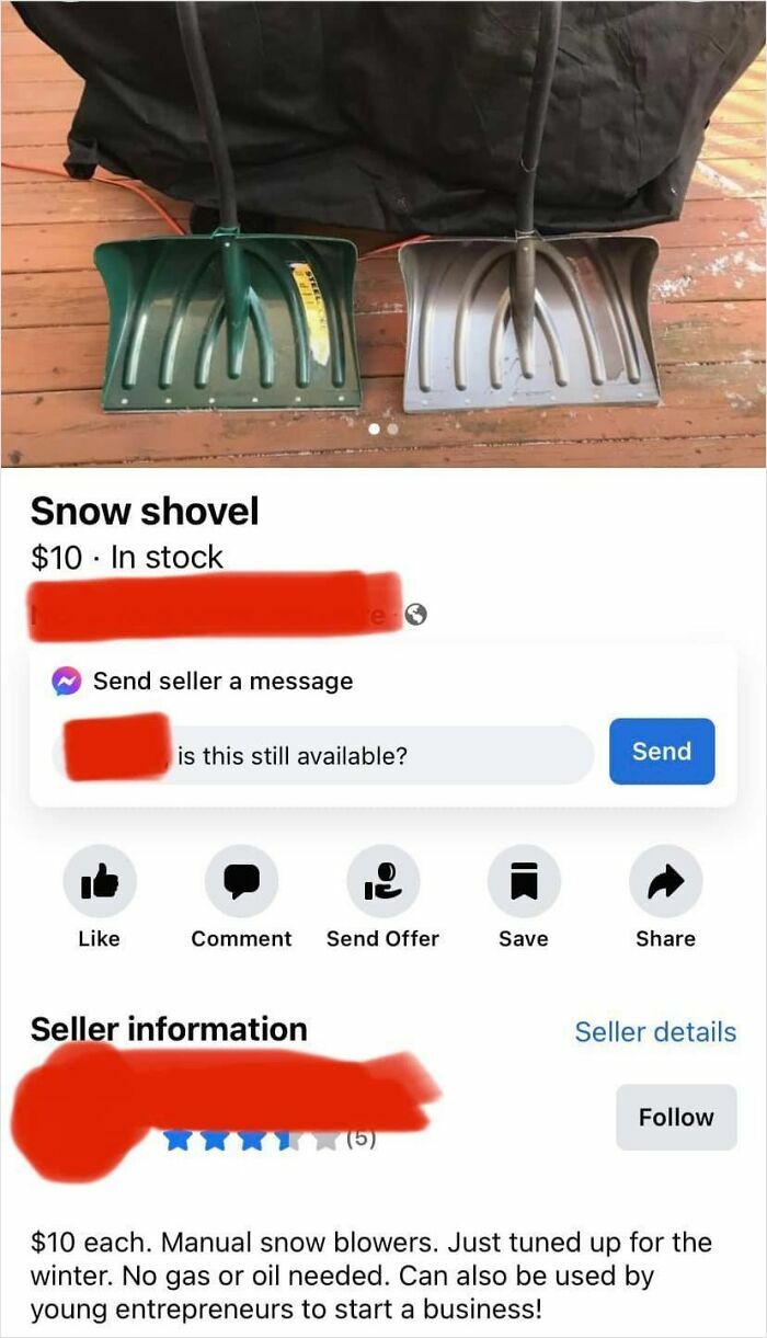 Two manual snow shovels listed on Facebook Marketplace with a humorous description for young entrepreneurs.
