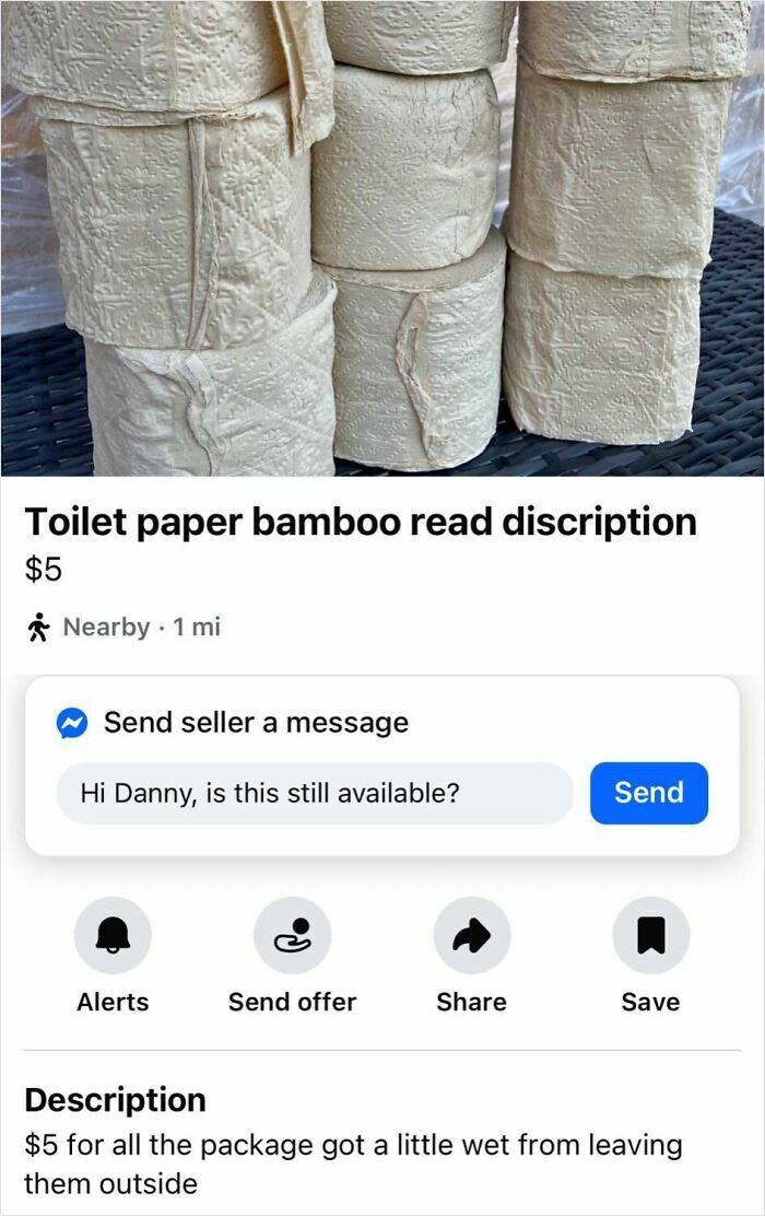 Toilet paper bamboo listed on Facebook Marketplace with worn and wet rolls, an example of unhinged pics from marketplace.