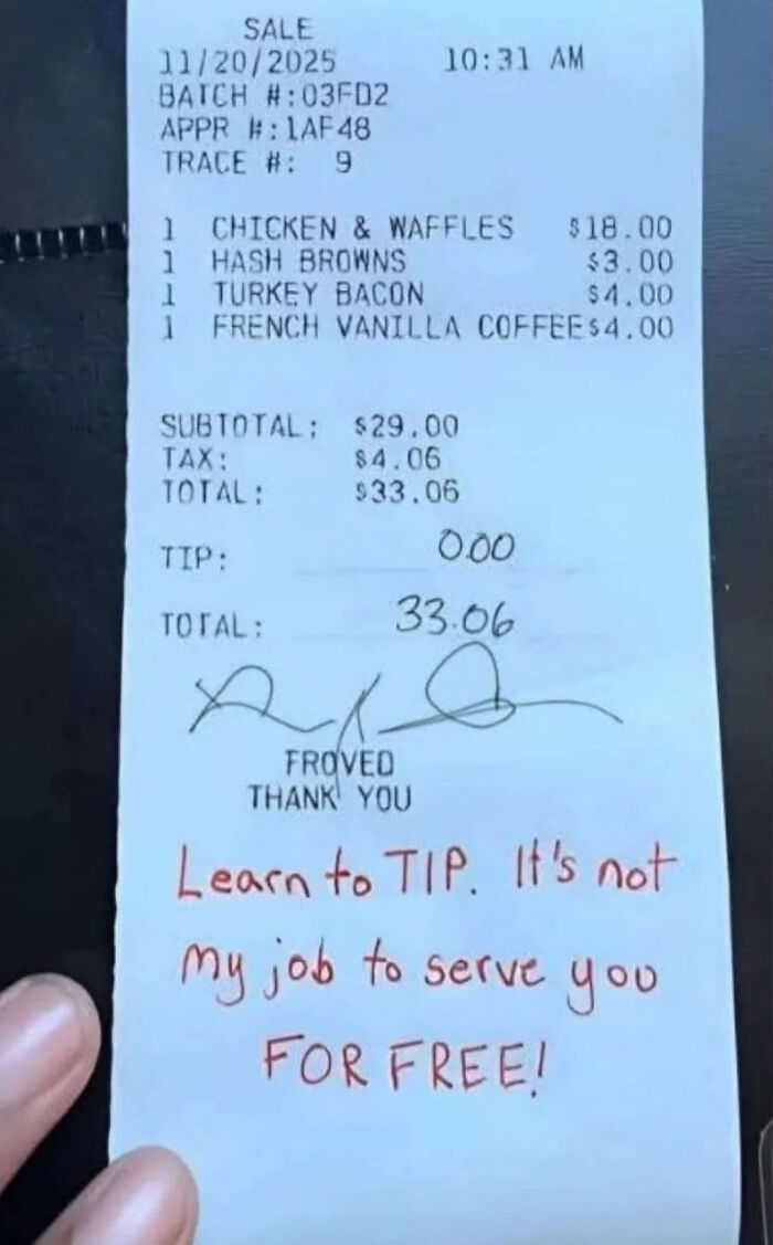 Receipt with an angry tip message illustrating things Americans confidently posted.