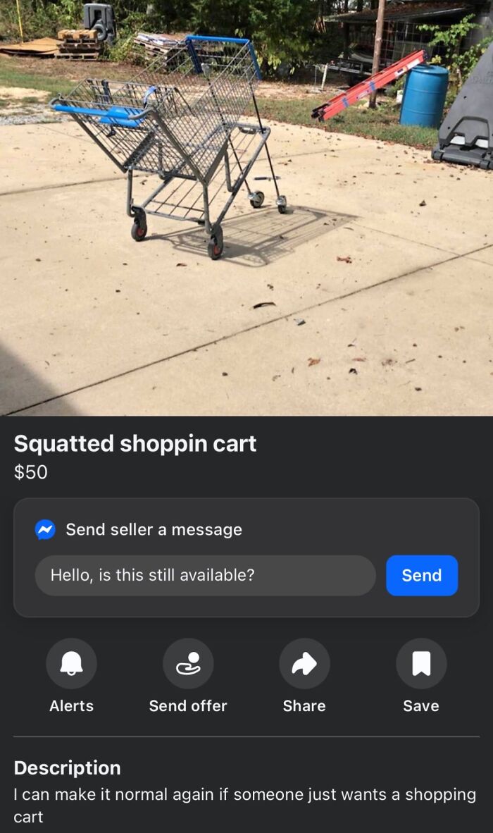 Shopping cart bent at an unusual angle listed on Facebook Marketplace as a quirky unhinged item for sale.