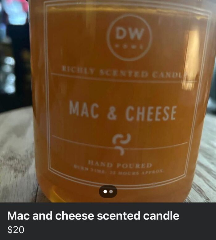 Mac and cheese scented candle listed on Facebook Marketplace, showcasing unusual and unhinged pics requiring double takes.