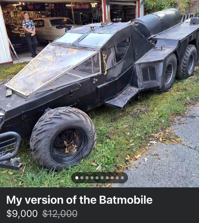 Unhinged Facebook Marketplace listing shows a homemade black Batmobile replica priced at nine thousand dollars.