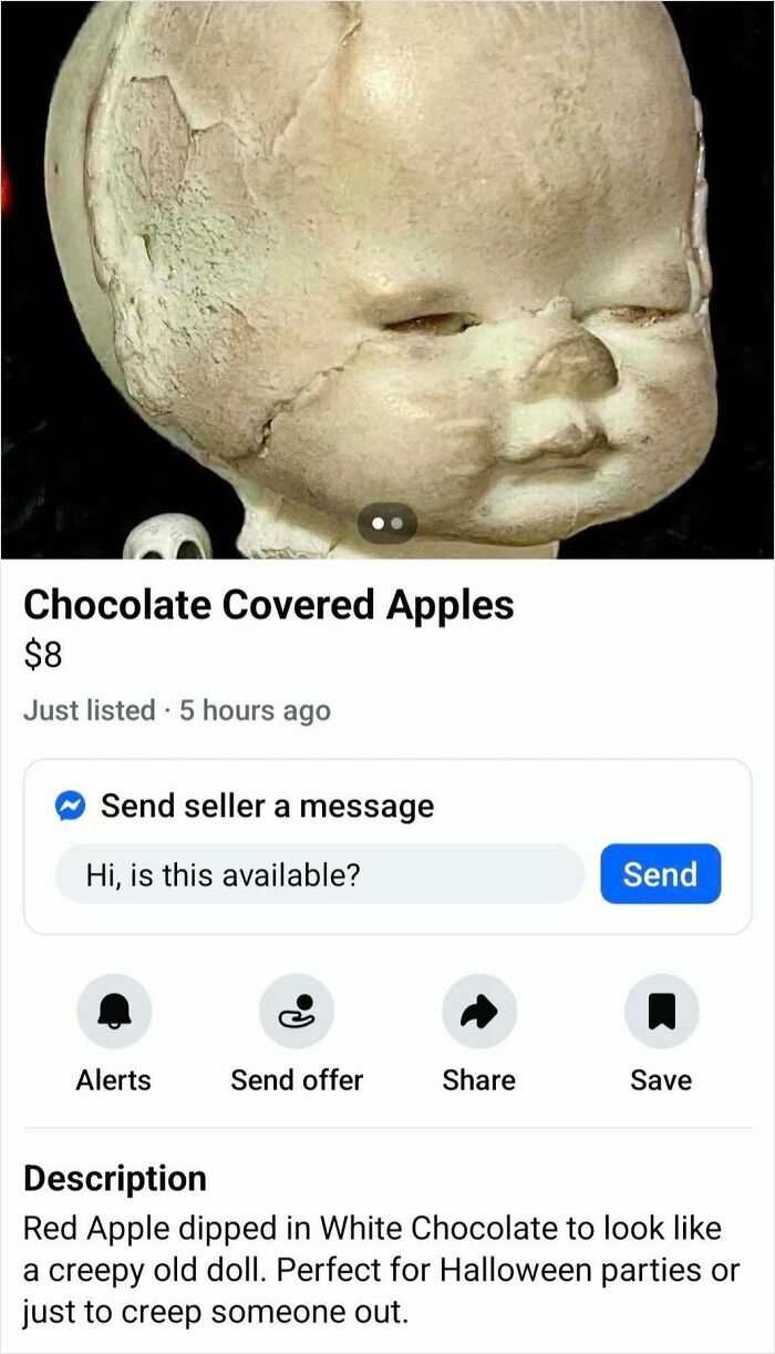 Creepy old doll head mistaken for chocolate covered apples in a bizarre Facebook Marketplace listing requiring a double take.
