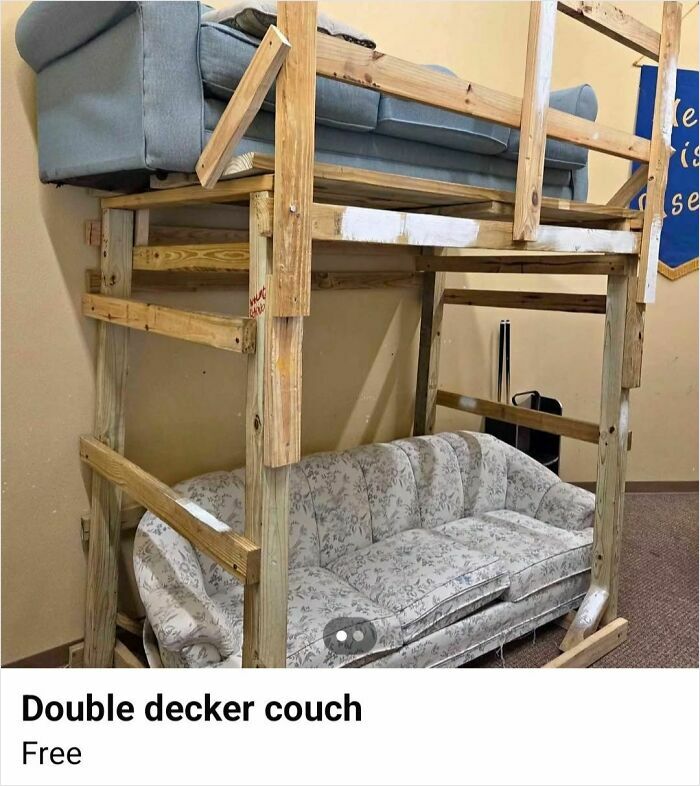 Double decker couch with wooden frame holding two sofas stacked vertically from Facebook Marketplace unhinged pics.