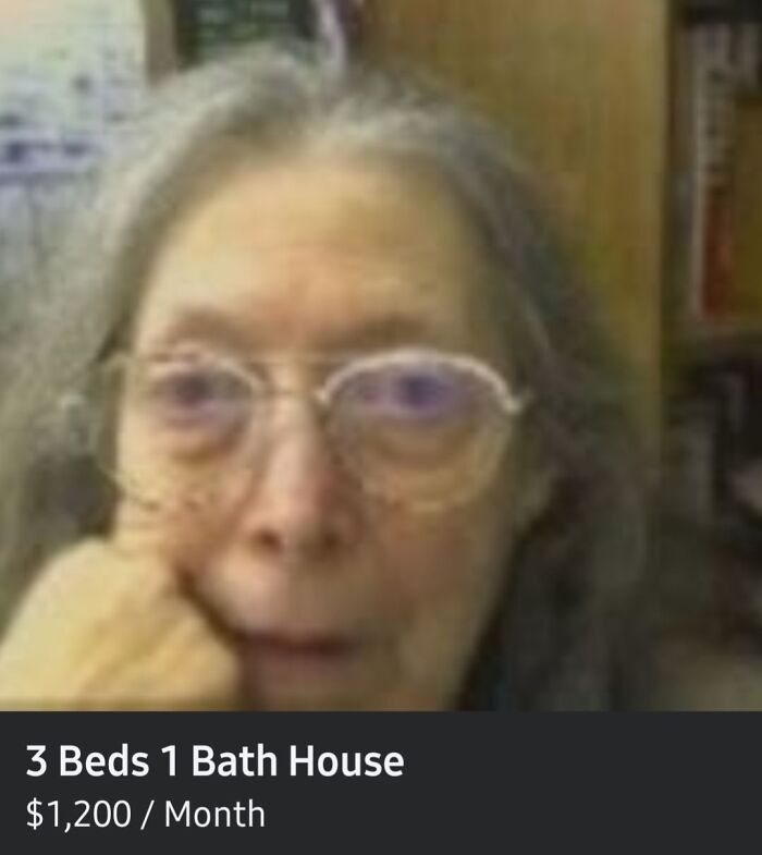 Elderly woman with glasses staring at camera in a Facebook Marketplace listing for an unusual house rental.