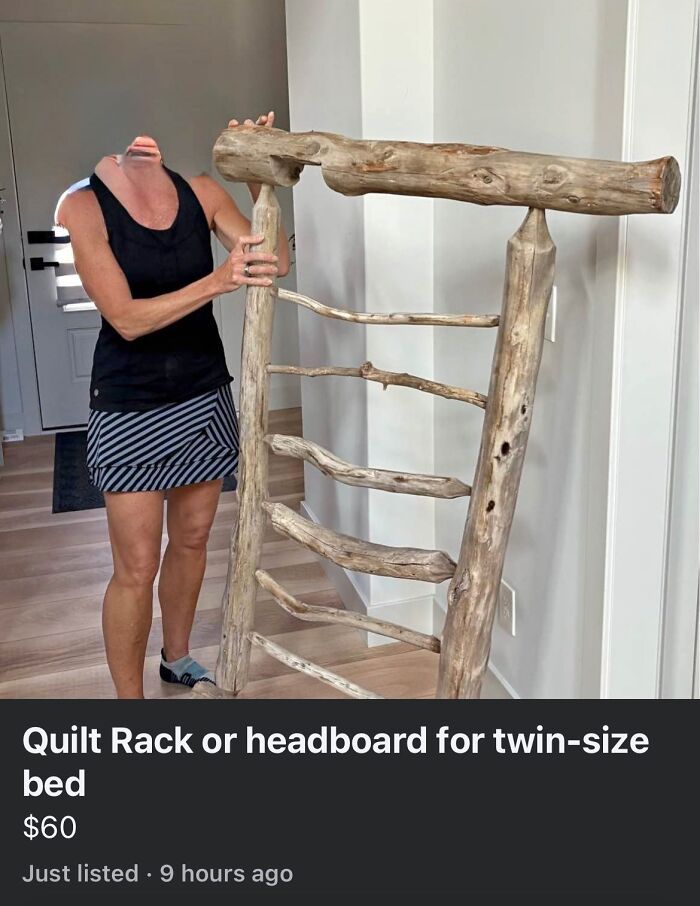 Woman holding an unusual wooden quilt rack or headboard listed on Facebook Marketplace in a bright, modern room.