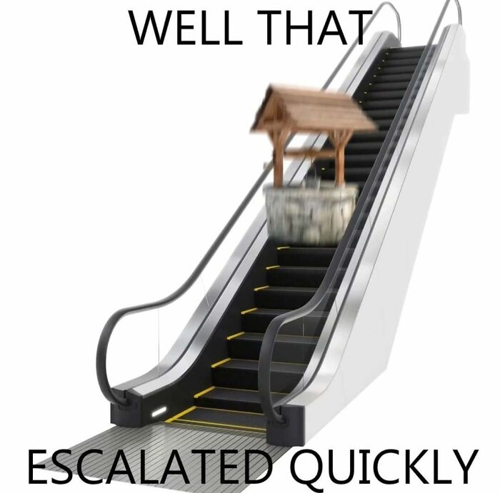 Escalator with a wishing well on it, illustrating a meme about how memes help people function properly.