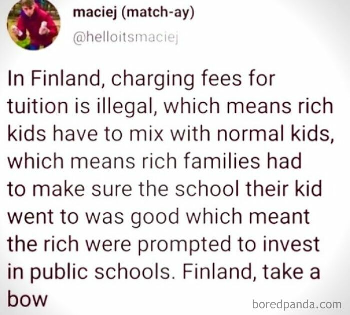 Socially positive moment about Finland's public school system promoting equal education and investment from rich families.