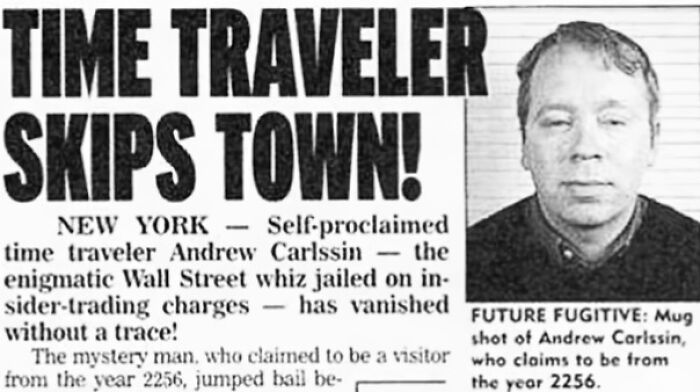 Old photograph of a self-proclaimed time traveler Andrew Carlssin featured in a mysterious newspaper clipping.