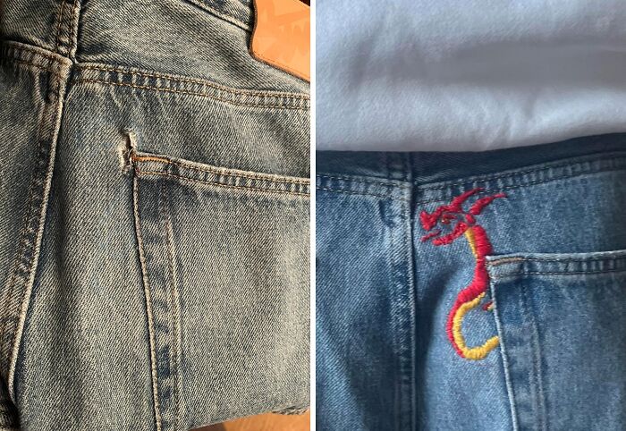 My Brother Asked Me To Fix The Hole In His Jeans, So I Turned It Into A Lil Embroidebuddy!