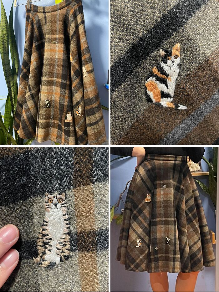 60+ Hours Later, It Took 8 Cats And 2 Bees To Repair My Moth-Damaged Vintage Skirt