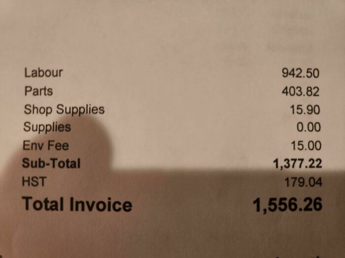A close-up of an invoice showing labour, parts, and total amounts, capturing a great dad's financial responsibilities.