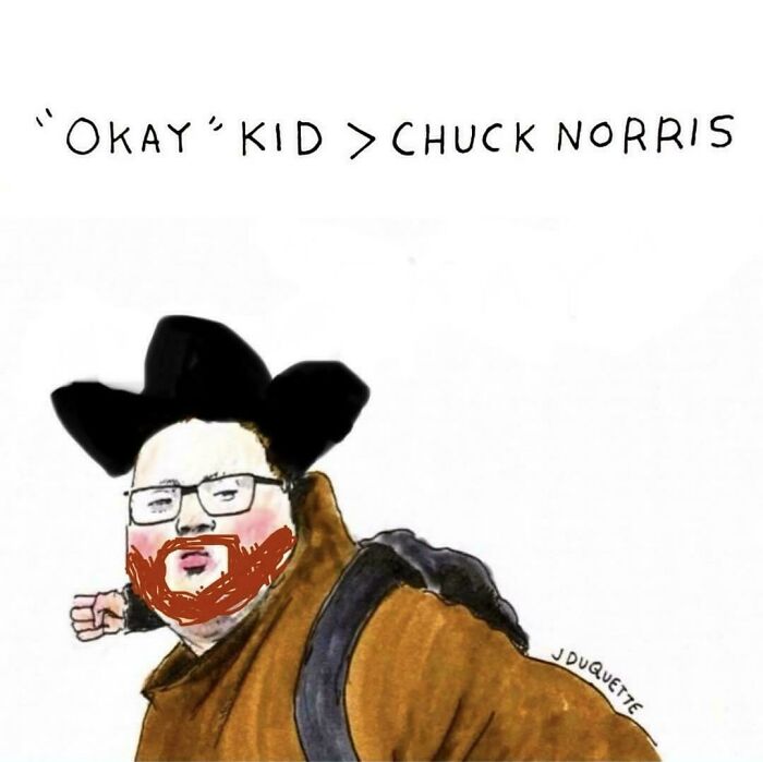 A chaotic good post illustrates Okay Kid beating Chuck Norris, a real life meme inspiration for being a hero.