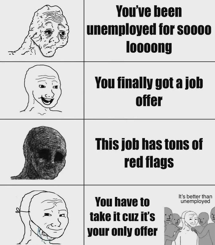 A meme depicting the emotional rollercoaster of finding a new job, highlighting recruiting hell experiences.