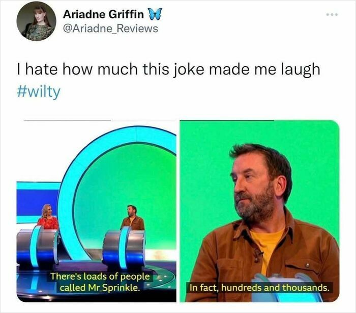 Tweet showing a British meme from a TV quiz with captions about people called Mr Sprinkle, highlighting hilarious British memes.