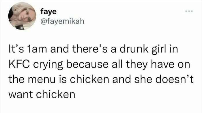 Tweet about a drunk girl crying in KFC late at night, capturing Brits bonding over hilarious memes.