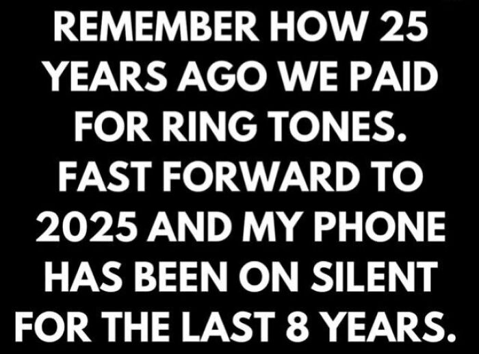 Text post reflecting on 90s nostalgia about paying for ring tones versus modern phone silence trends.