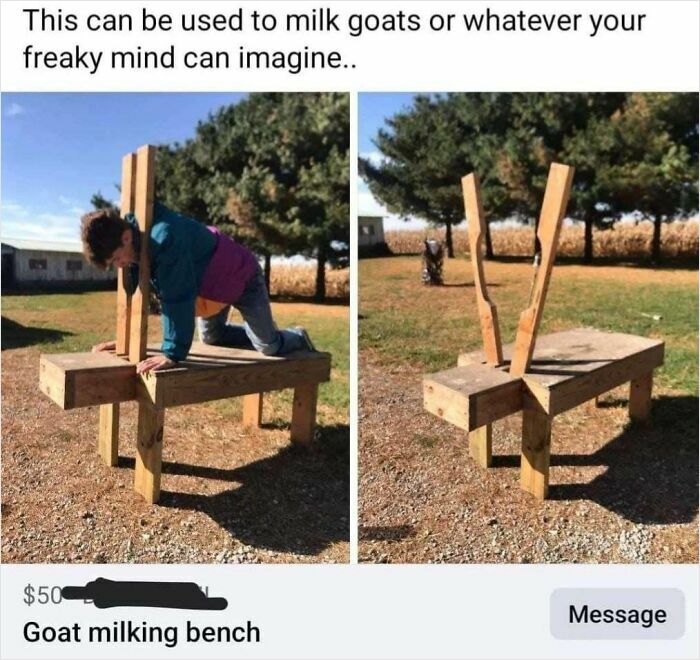 Wooden goat milking bench shown outdoors with person demonstrating unusual setup, part of unhinged Facebook Marketplace pics.