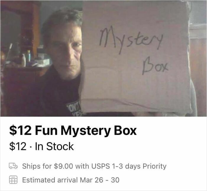 Person holding a handmade mystery box sign for sale on Facebook Marketplace in a listing requiring double takes to understand.