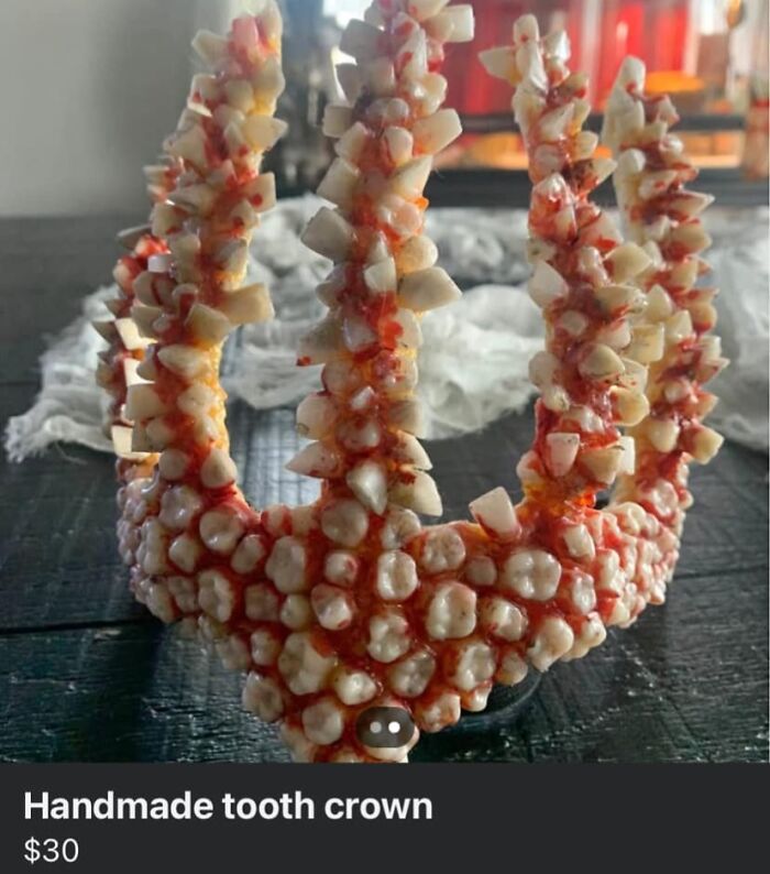 Unhinged Facebook Marketplace listing showing a handmade crown covered with artificial teeth and red accents.