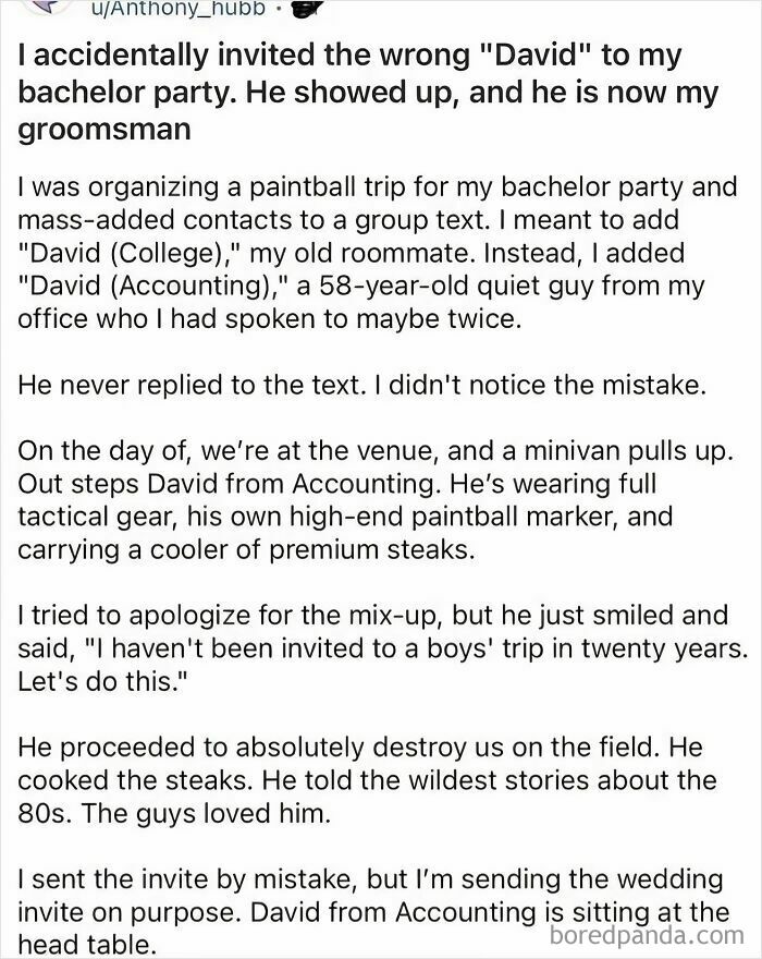 A story showing kindness and wholesomeness as a superpower when a mistaken invite leads to a new friendship at a bachelor party.