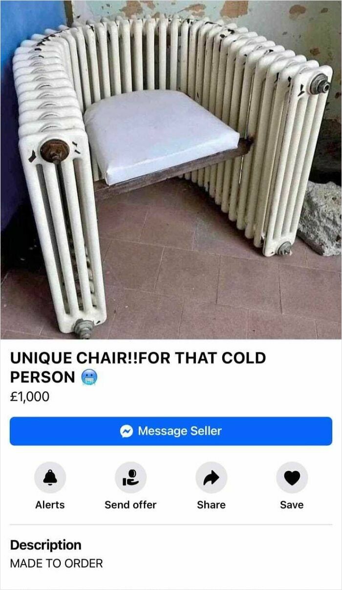 Unhinged Facebook Marketplace listing showing a chair made from a repurposed radiator with a cushion seat.