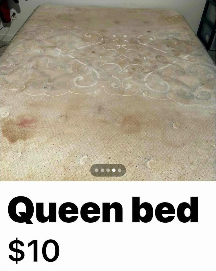 Worn and heavily stained queen bed mattress listed on Facebook Marketplace in an unhinged pics collection.